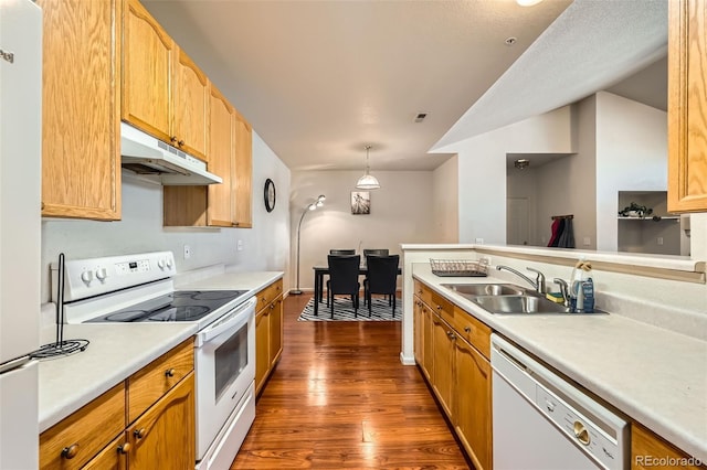14221 E 1st Dr Unit 303, Aurora, CO 80011 - kitchen featuring white appliances, under cabinet range hood, a sink, dark wood finished floors, and light countertops
