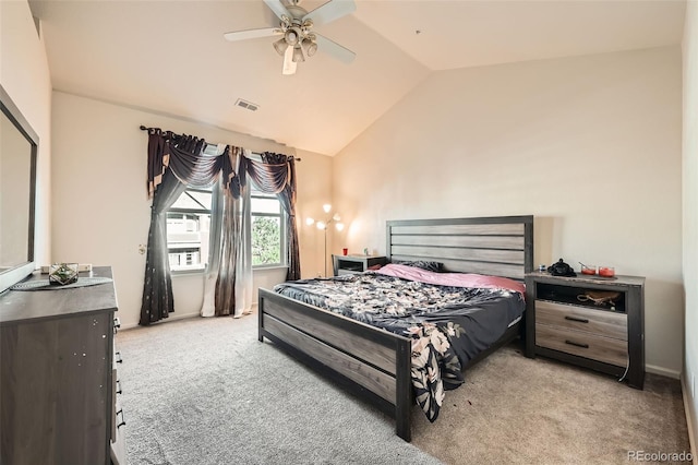 14221 E 1st Dr Unit 303, Aurora, CO 80011 - bedroom with carpet flooring, vaulted ceiling, and a ceiling fan