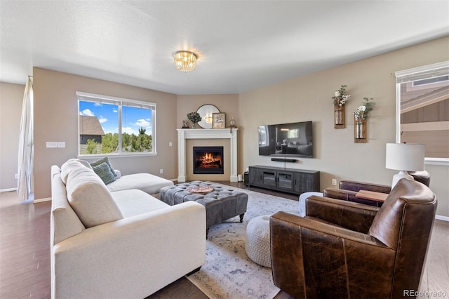 20855 Park Hollow Dr, Parker, CO 80138 - living room featuring a lit fireplace, wood finished floors, and baseboards