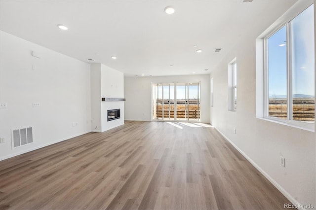 unfurnished living room with light wood-type flooring and a healthy amount of sunlight