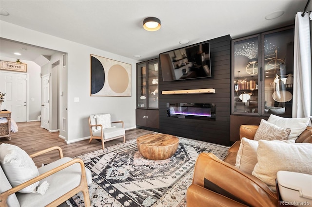 living room with a fireplace and wood-type flooring