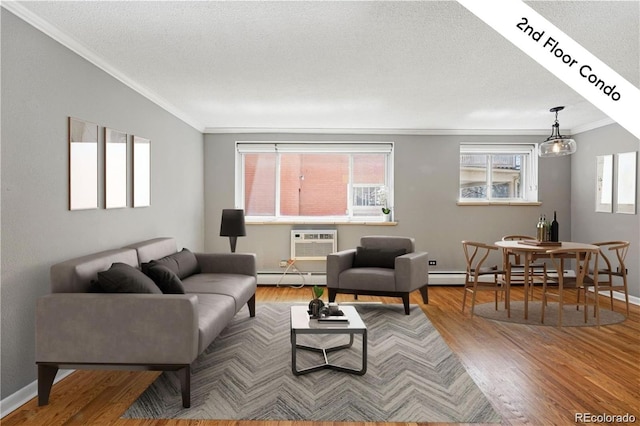 living room featuring ornamental molding, baseboard heating, and a wealth of natural light