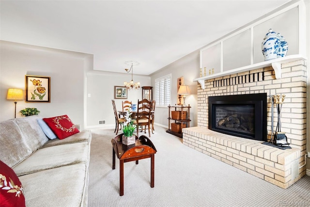 1030 Krameria St, Denver, CO 80220 - living room with carpet, a chandelier, baseboards, and a fireplace