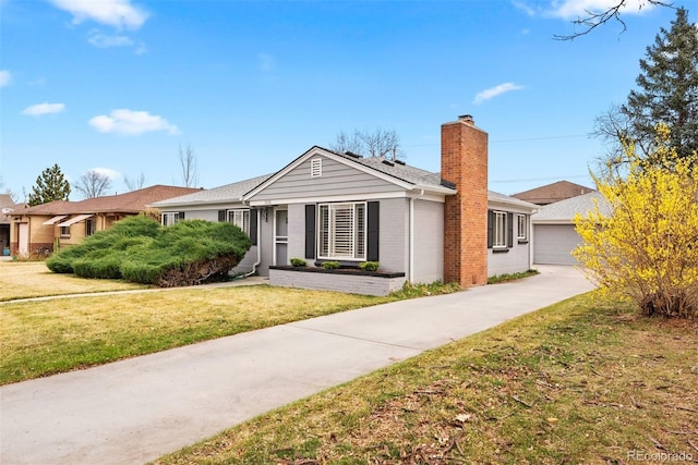1030 Krameria St, Denver, CO 80220 - single story home featuring a chimney, a front lawn, a garage, and brick siding
