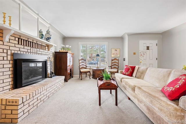 1030 Krameria St, Denver, CO 80220 - living room with light carpet and a brick fireplace