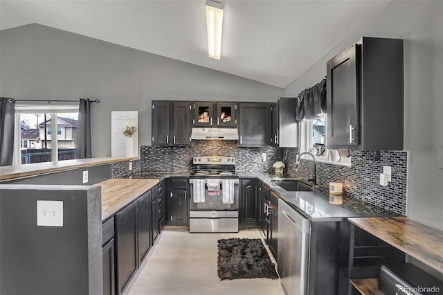 kitchen with decorative backsplash, wooden counters, stainless steel appliances, vaulted ceiling, and sink