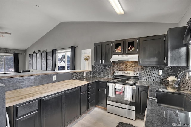 kitchen with sink, light hardwood / wood-style flooring, vaulted ceiling, stainless steel electric range, and decorative backsplash