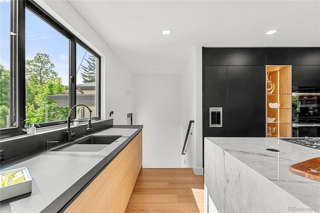 220 Glencoe St, Denver, CO 80220 - kitchen featuring a sink, dark cabinetry, light wood-style flooring, and modern cabinets