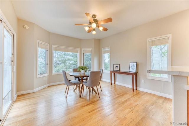 58 Rogers Ct, Golden, CO 80401 - dining room featuring light wood-type flooring, a ceiling fan, and baseboards