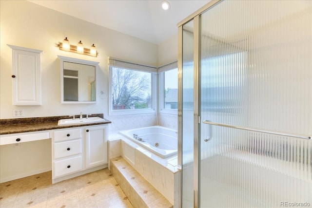 58 Rogers Ct, Golden, CO 80401 - bathroom featuring vanity, a whirlpool tub, and a shower stall