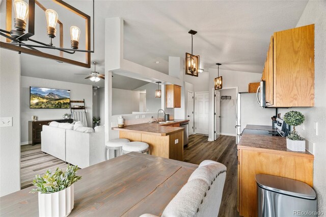 8617 W 17th Street Dr, Greeley, CO 80634 - kitchen featuring stainless steel appliances, dark wood finished floors, a sink, vaulted ceiling, and ceiling fan