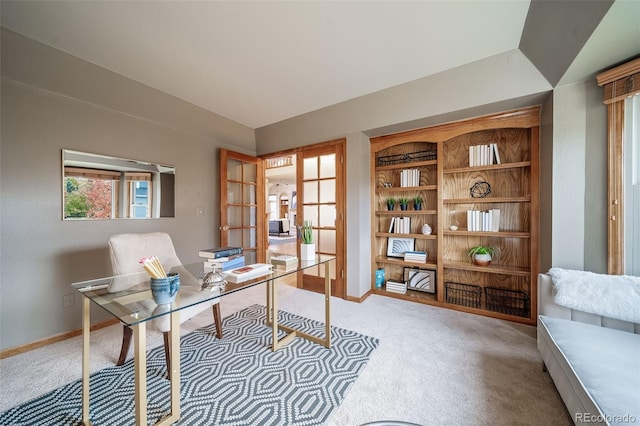 office area with french doors and carpet floors