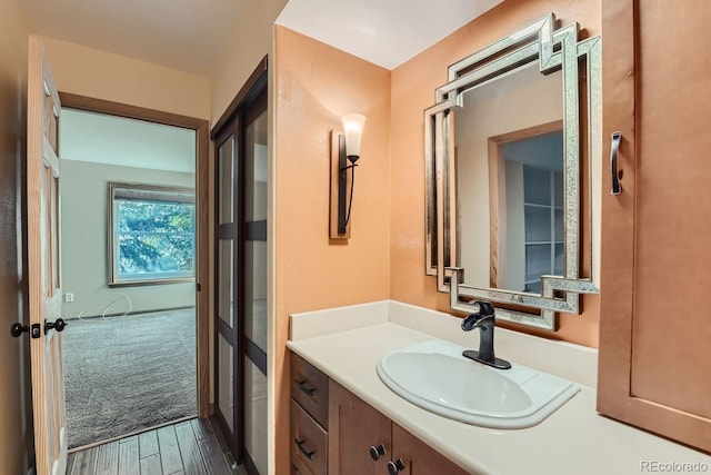 bathroom featuring vanity and hardwood / wood-style flooring