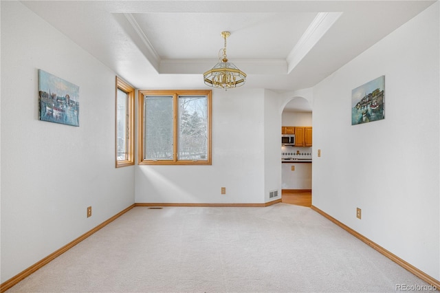 spare room featuring a raised ceiling, light colored carpet, and ornamental molding