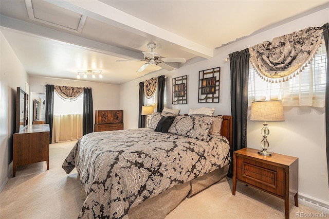 bedroom with light carpet, baseboards, ceiling fan, beamed ceiling, and baseboard heating