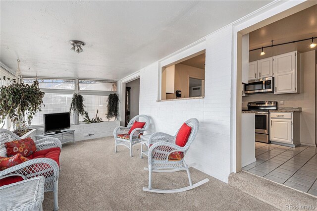 living area featuring light carpet, light tile patterned floors, a textured ceiling, and rail lighting