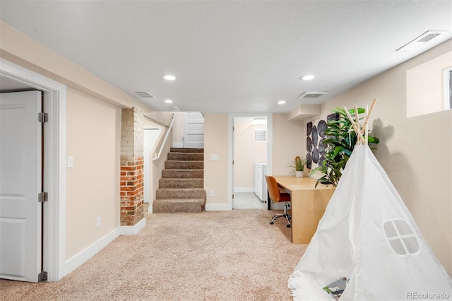 carpeted office featuring recessed lighting, visible vents, and baseboards