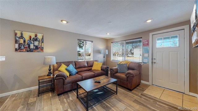 living room featuring wood-type flooring and a textured ceiling