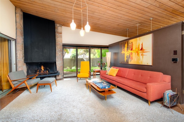 3650 Chimayo Rd, Littleton, CO 80123 - living area featuring wooden ceiling, carpet floors, lofted ceiling, and a stone fireplace