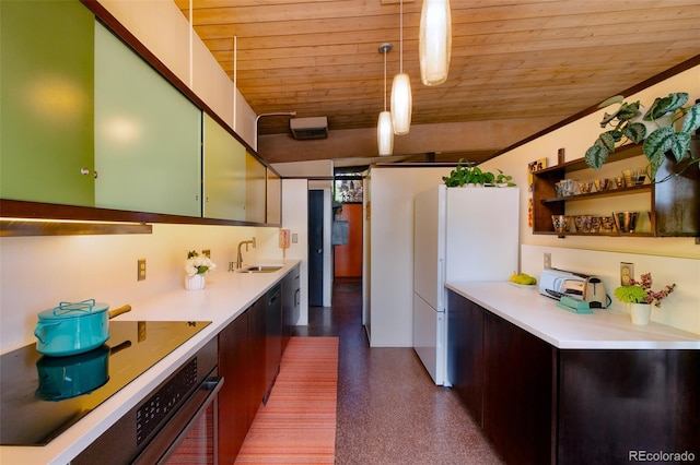 3650 Chimayo Rd, Littleton, CO 80123 - kitchen featuring freestanding refrigerator, wooden ceiling, light countertops, dishwashing machine, and oven
