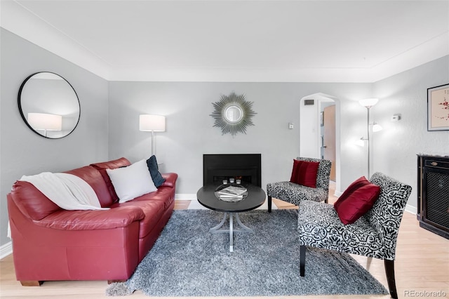 1185 Glencoe St, Denver, CO 80220 - living room featuring wood finished floors and arched walkways