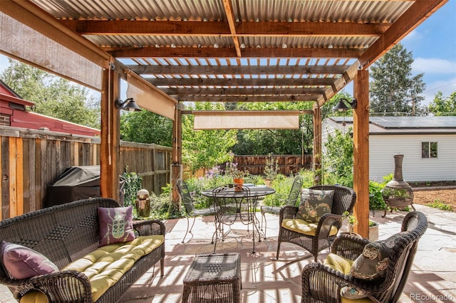 1185 Glencoe St, Denver, CO 80220 - fenced backyard with an outdoor living space, outdoor dining area, a pergola, and a patio