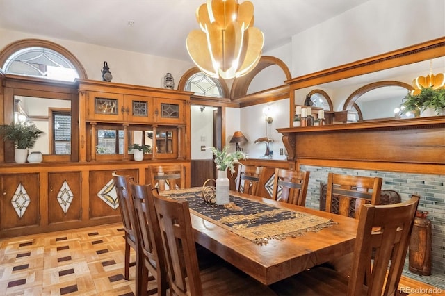 dining room with a chandelier