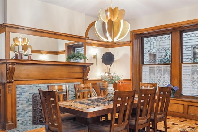 dining room with a chandelier