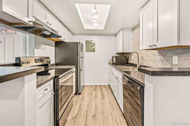 kitchen featuring tasteful backsplash, sink, white cabinets, and stainless steel appliances