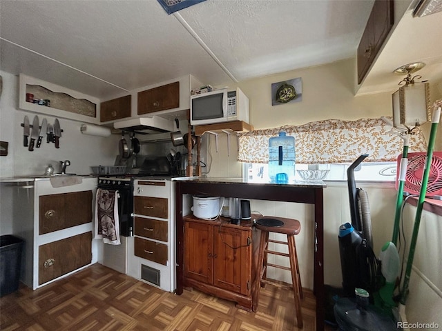 10795 County Road 197a Unit 194, Nathrop, CO 81236 - kitchen with white microwave, under cabinet range hood, stove, and a textured ceiling