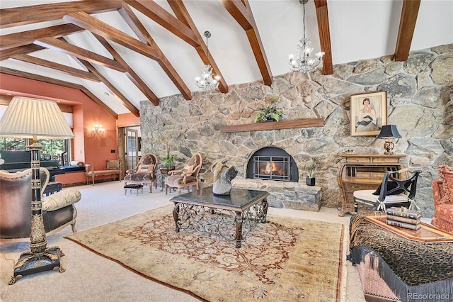 carpeted living room featuring beam ceiling, a fireplace, high vaulted ceiling, and a chandelier