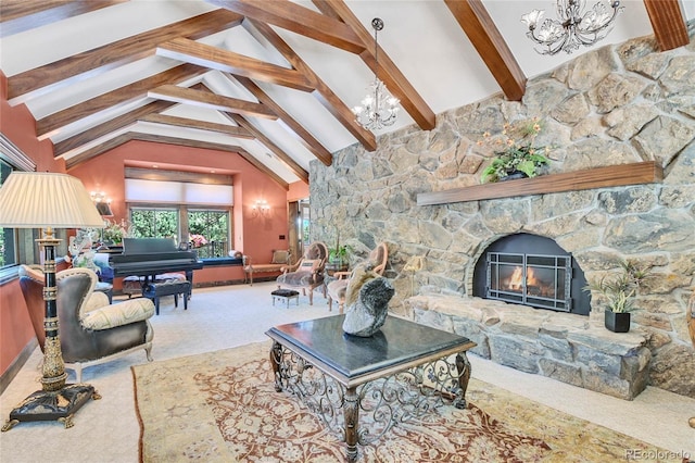 carpeted living room featuring a notable chandelier, beam ceiling, a fireplace, and high vaulted ceiling