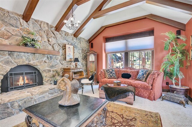 living room featuring beam ceiling, high vaulted ceiling, carpet flooring, a stone fireplace, and a chandelier