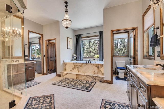 full bathroom featuring vanity, a healthy amount of sunlight, and an inviting chandelier