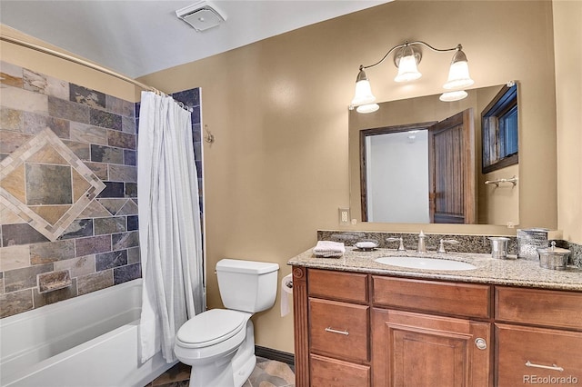 full bathroom with vanity, shower / bath combination with curtain, and toilet