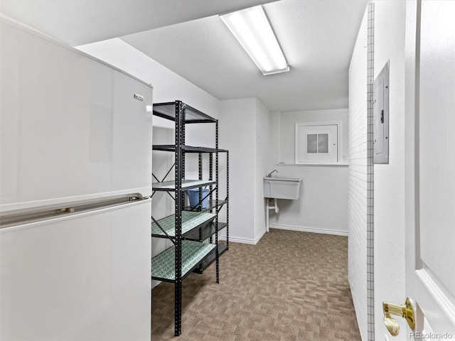 1836 S Kendall Ct, Lakewood, CO 80232 - hall with carpet floors, a sink, electric panel, and baseboards