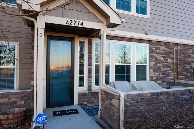 entrance to property with stone siding
