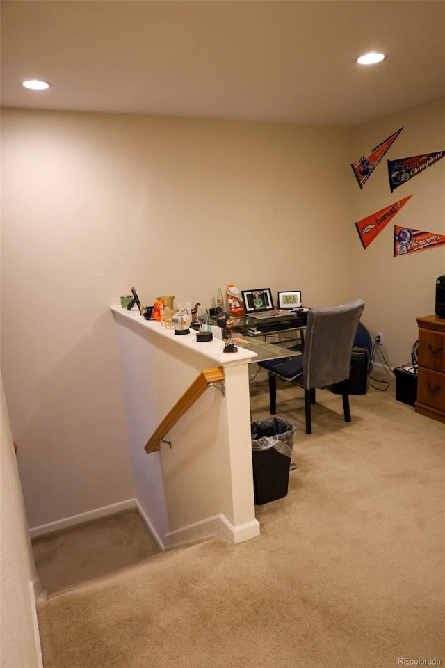 office space featuring light carpet, recessed lighting, and baseboards