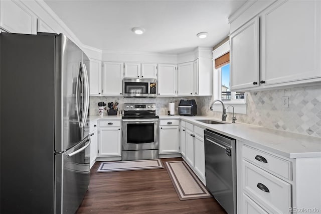 kitchen featuring sink, white cabinetry, tasteful backsplash, dark hardwood / wood-style floors, and stainless steel appliances