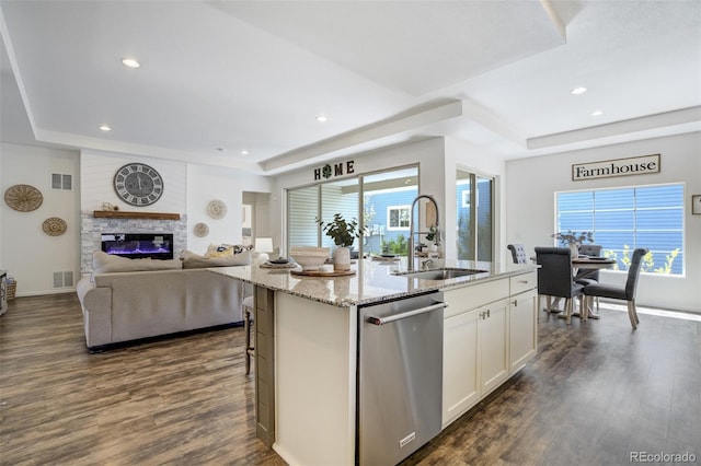 kitchen with a sink, stainless steel dishwasher, a raised ceiling, dark wood-style floors, and an island with sink