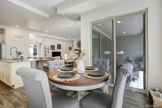 dining room featuring dark wood finished floors and recessed lighting