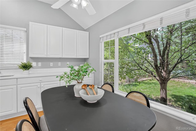8651 Mallard Pl, Highlands Ranch, CO 80126 - dining space featuring ceiling fan and vaulted ceiling