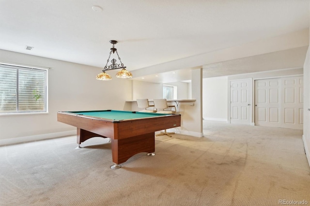 recreation room with light colored carpet and billiards