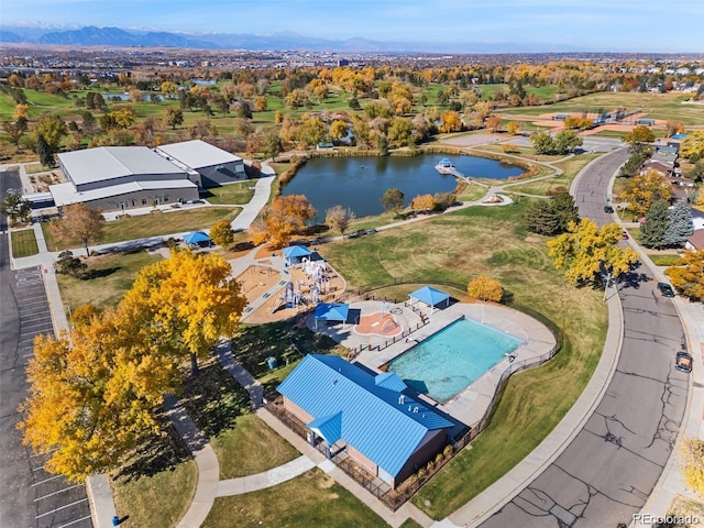 drone / aerial view with a water view