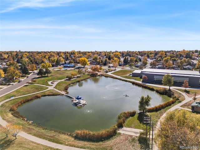 drone / aerial view featuring a water view