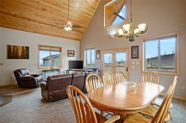 16395 Meadow Dr, Walsenburg, CO 81089 - carpeted dining room featuring high vaulted ceiling, wooden ceiling, baseboards, and ceiling fan with notable chandelier