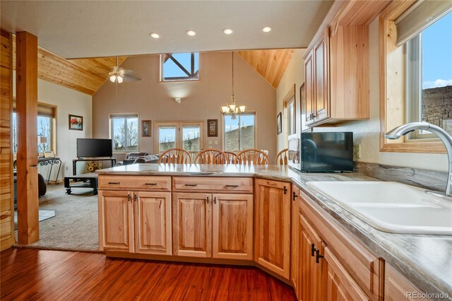 16395 Meadow Dr, Walsenburg, CO 81089 - kitchen featuring a sink, light countertops, a peninsula, dark wood-style flooring, and recessed lighting