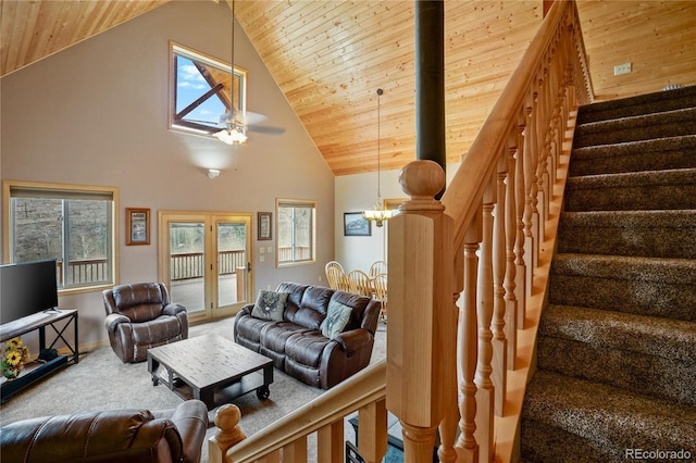 16395 Meadow Dr, Walsenburg, CO 81089 - carpeted living room featuring wood ceiling, plenty of natural light, and high vaulted ceiling