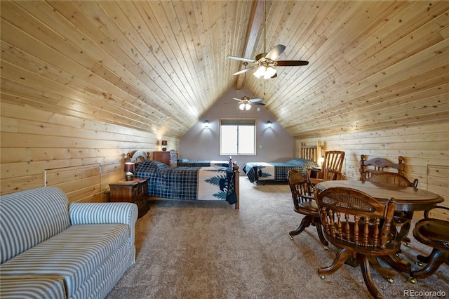16395 Meadow Dr, Walsenburg, CO 81089 - interior space with wooden ceiling, carpet, lofted ceiling, a ceiling fan, and wooden walls