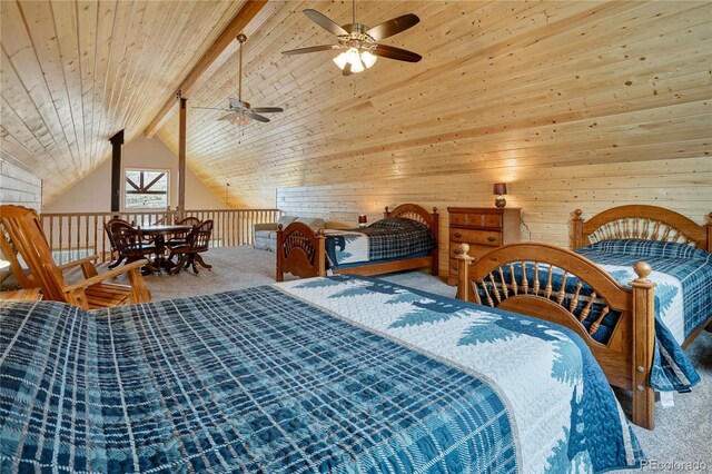 16395 Meadow Dr, Walsenburg, CO 81089 - carpeted bedroom with lofted ceiling with beams, wooden ceiling, and wooden walls